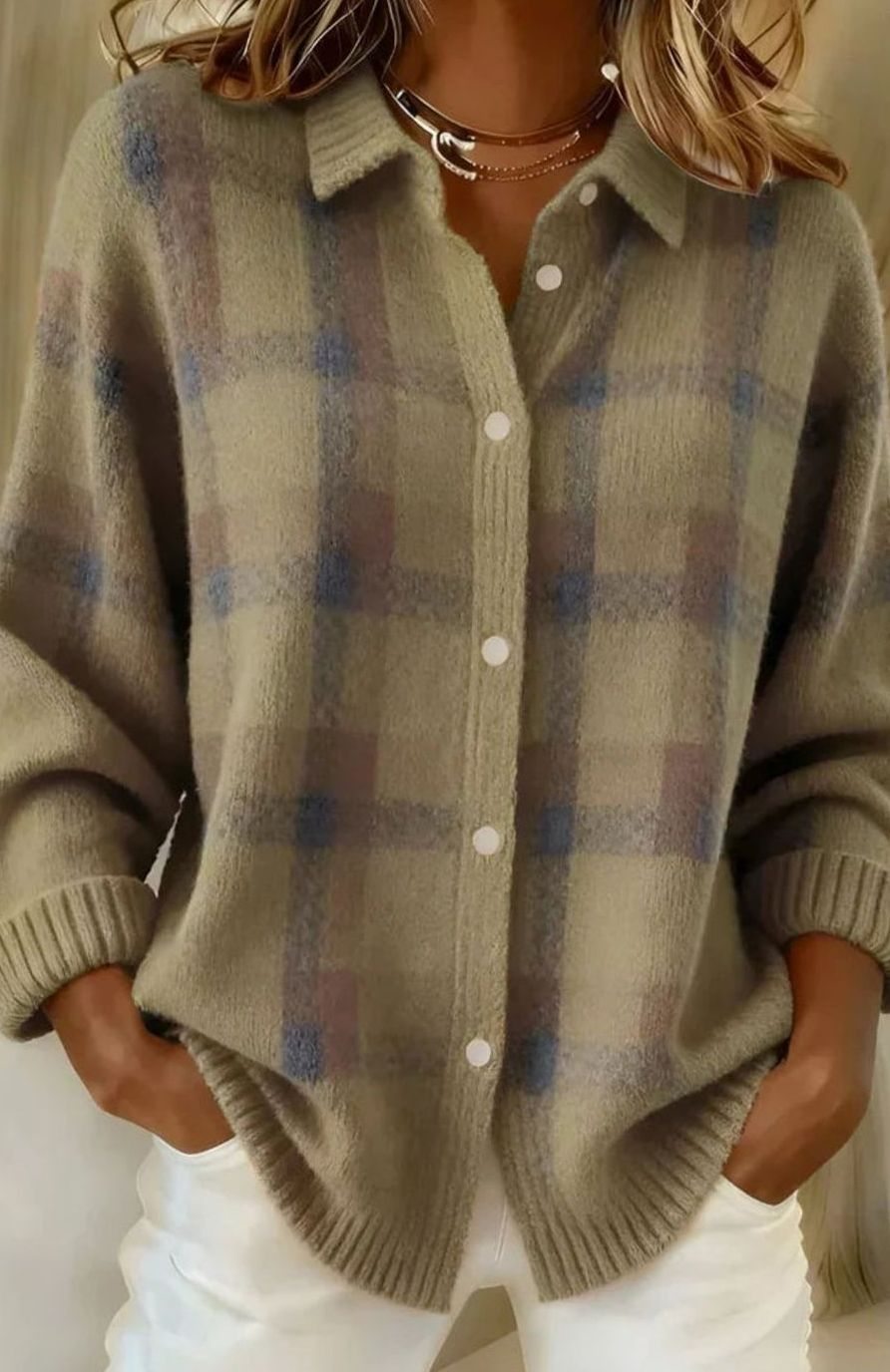 Women's Elegant Long Checked Button-Front Cardigan Sweater - Brown