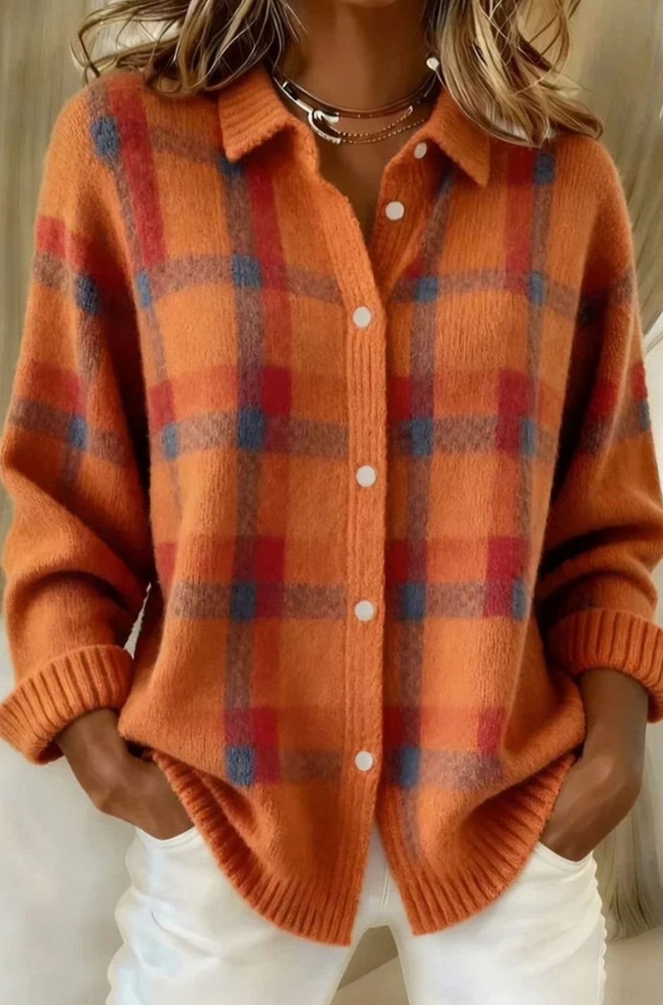 Women's Elegant Long Checked Button-Front Cardigan Sweater - Orange