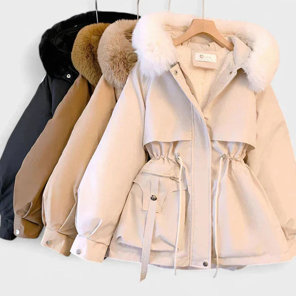 Women's Elegant Padded Winter Jacket Faux Fur Hood Drawstring Waist