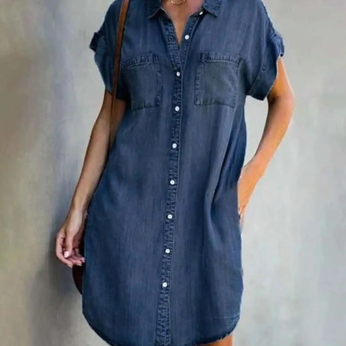 Women's Elegant Short-Sleeve Button-Down Denim Party Dress - Dark Gray