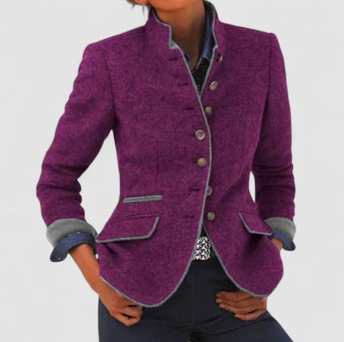 Women's Elegant Stand-Collar Button-Up Blazer Cardigan - Purple