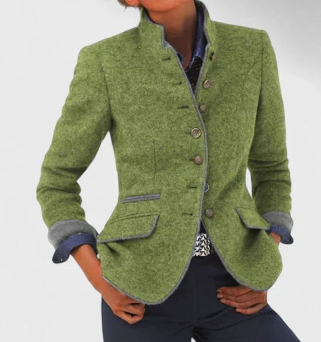 Women's Elegant Stand-Collar Button-Up Blazer Cardigan - Green