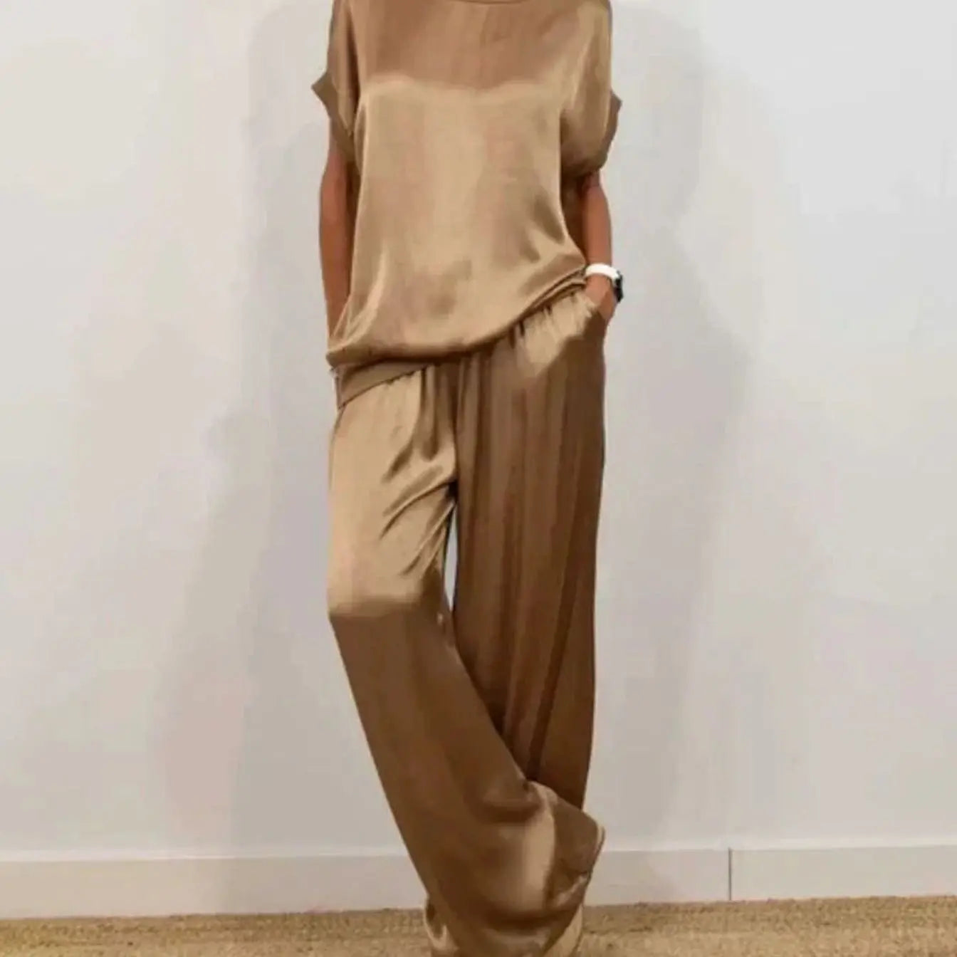 Women's Elegant Two-Piece Set Wide-Leg Trousers Cap-Sleeve Top Co-Ord - Brown