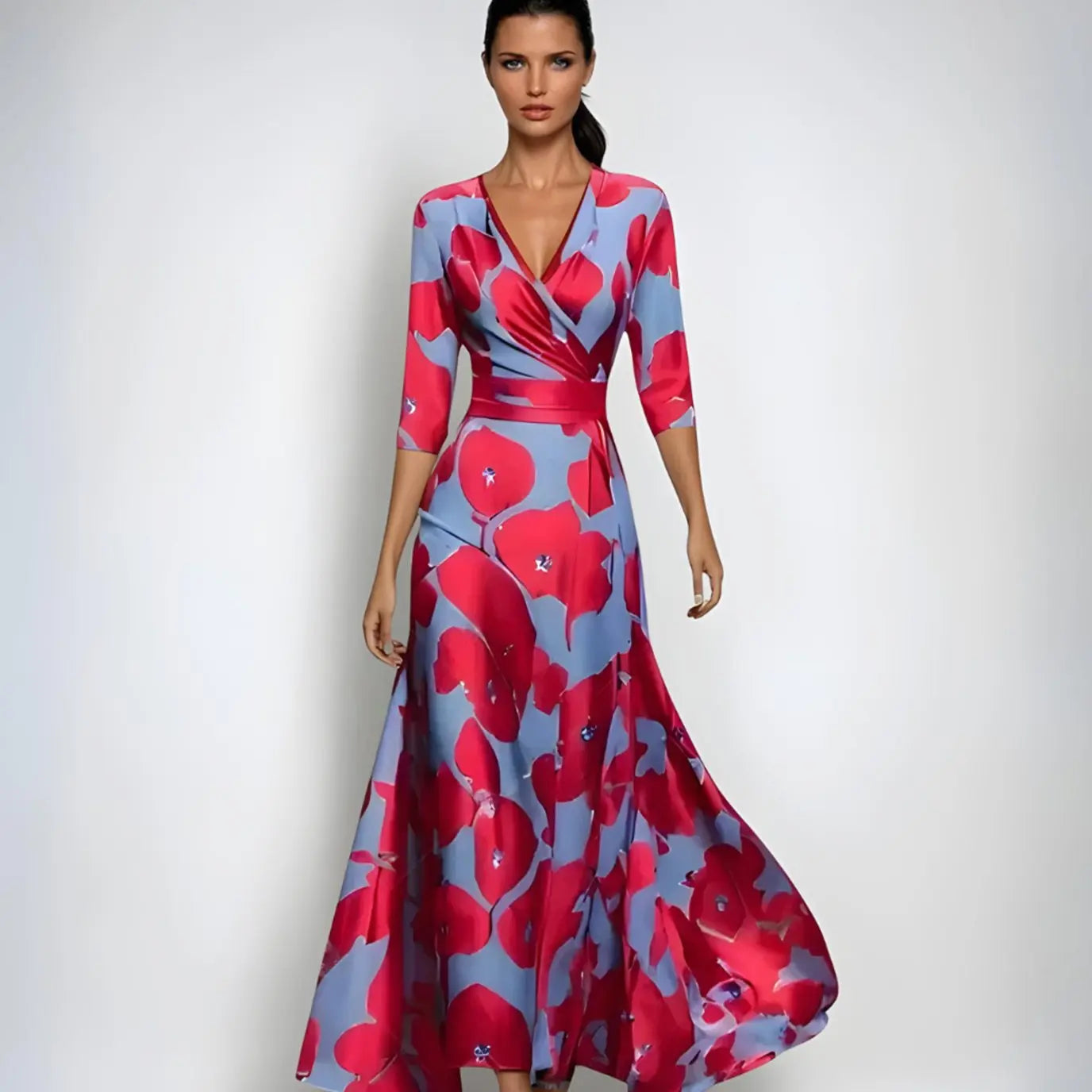 Women's Elegant V-Neck Wrap Maxi Floral Dress 3/4 Sleeve