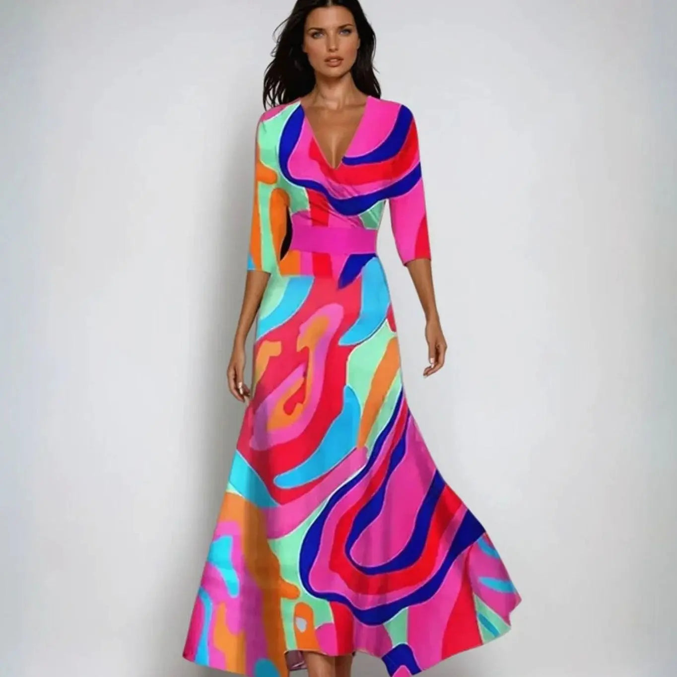 Women's Elegant V-Neck Wrap Maxi Floral Dress 3/4 Sleeve