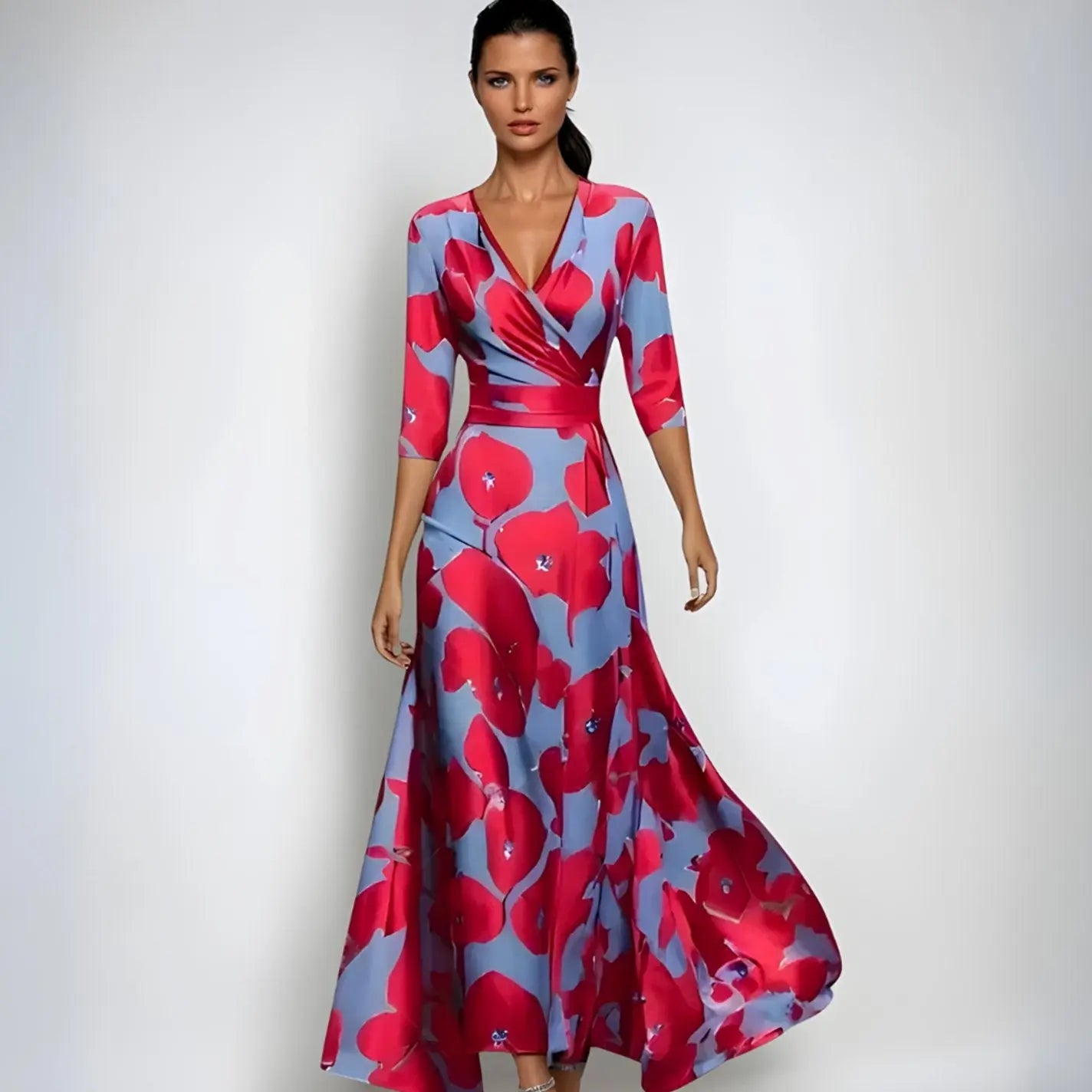 Women's Elegant V-Neck Wrap Maxi Floral Dress 3/4 Sleeve - Red/Blue