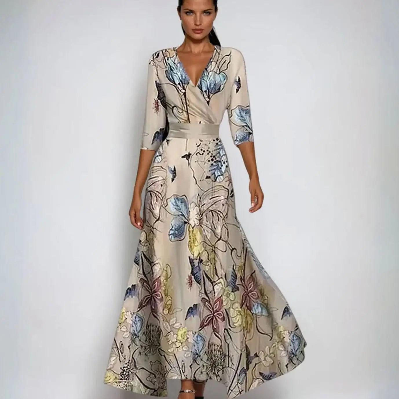 Women's Elegant V-Neck Wrap Maxi Floral Dress 3/4 Sleeve - Sand/Beige