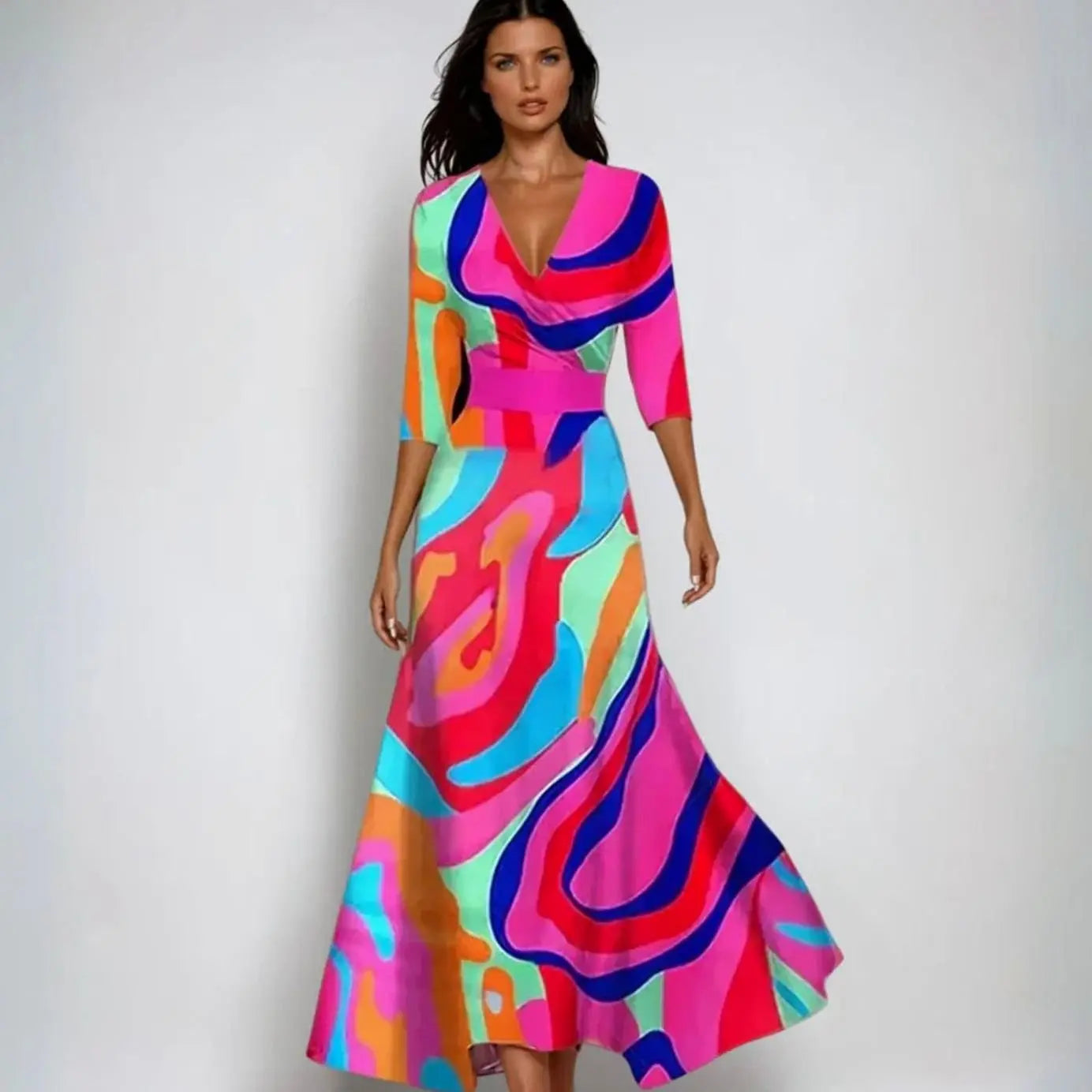Women's Elegant V-Neck Wrap Maxi Floral Dress 3/4 Sleeve - Multicolour