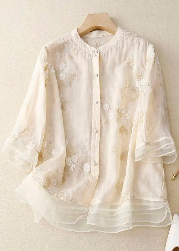 Women's Embroidered Blouse Cotton Button-Up Floral - Beige