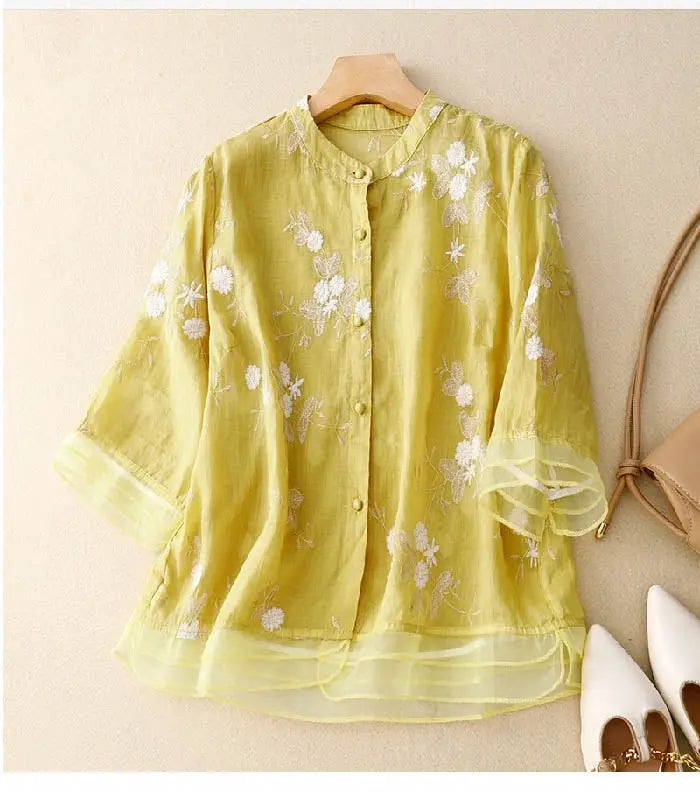 Women's Embroidered Blouse Cotton Button-Up Floral - Yellow