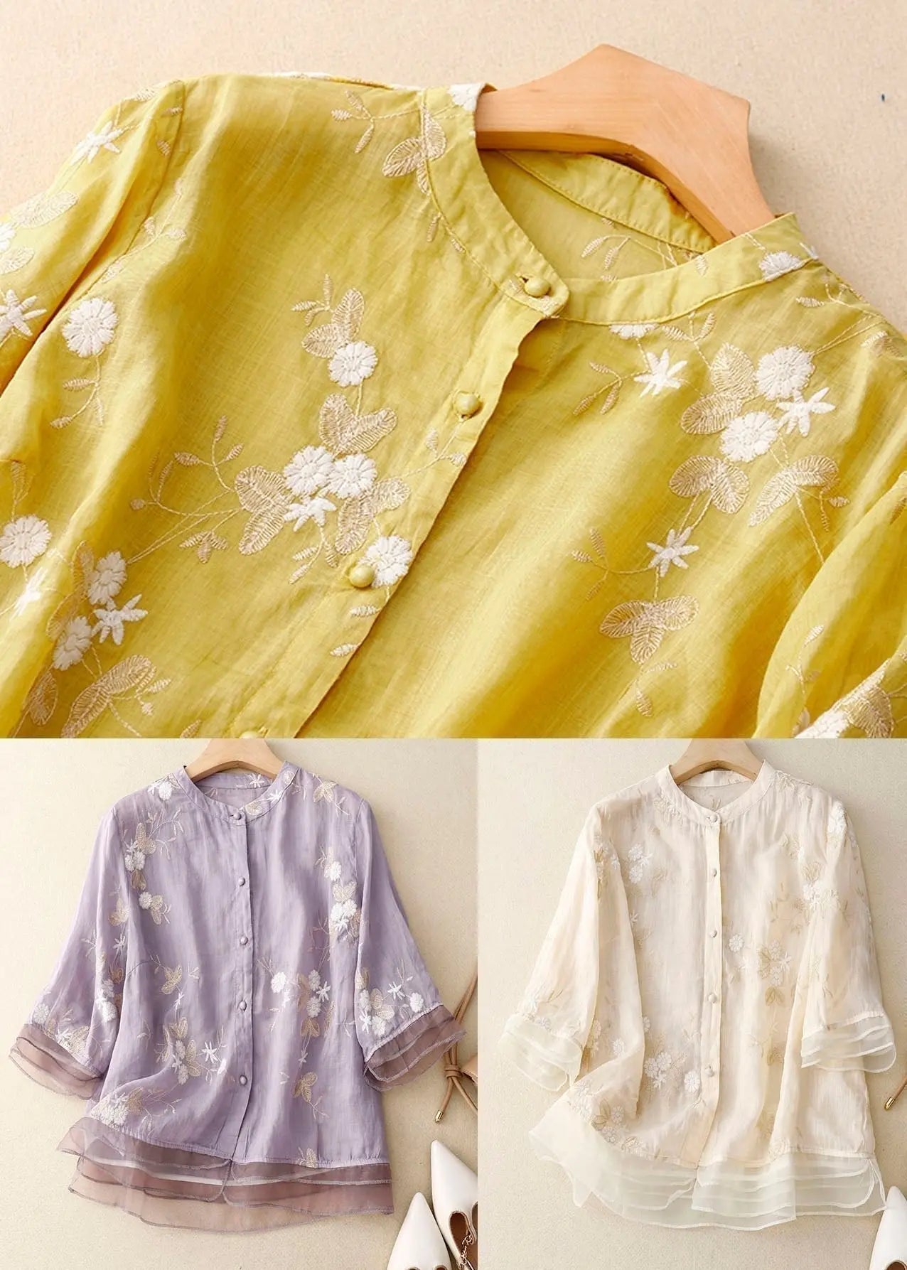 Women's Embroidered Blouse Cotton Button-Up Floral