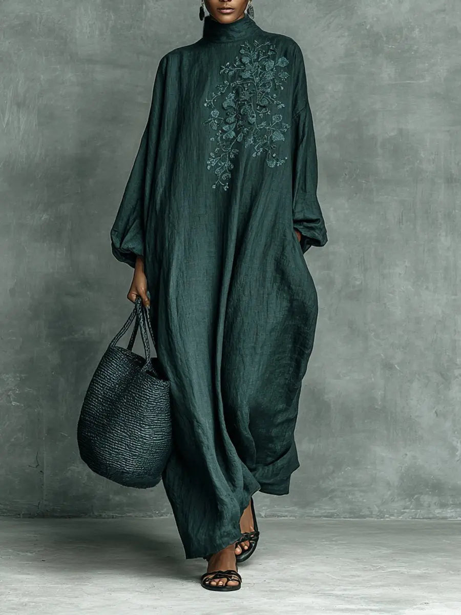 Women's Embroidered High-Neck Maxi Long Sleeve Dress Relaxed Fit