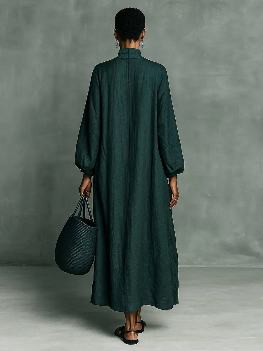 Women's Embroidered High-Neck Maxi Long Sleeve Dress Relaxed Fit
