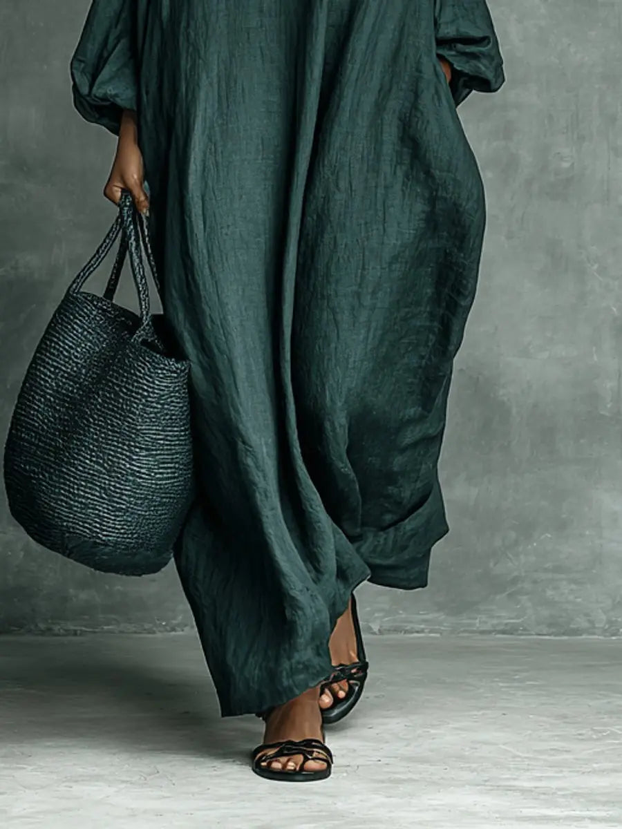 Women's Embroidered High-Neck Maxi Long Sleeve Dress Relaxed Fit