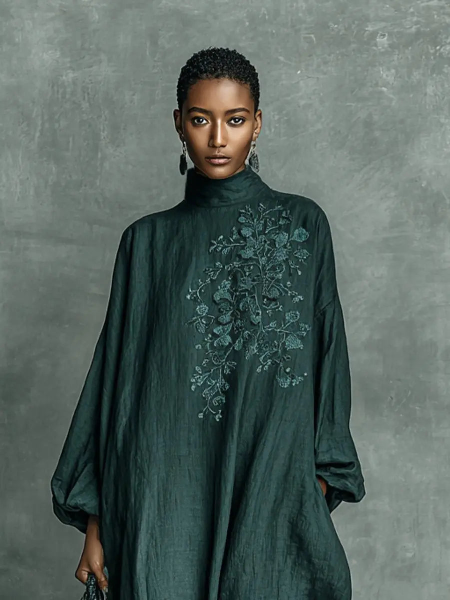 Women's Embroidered High-Neck Maxi Long Sleeve Dress Relaxed Fit
