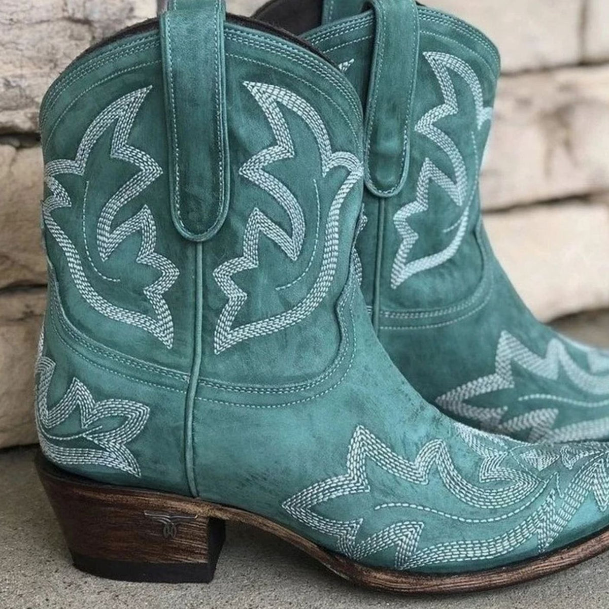 Women's Embroidered Western Cowboy Ankle Boots Block Heel, Brown - Green