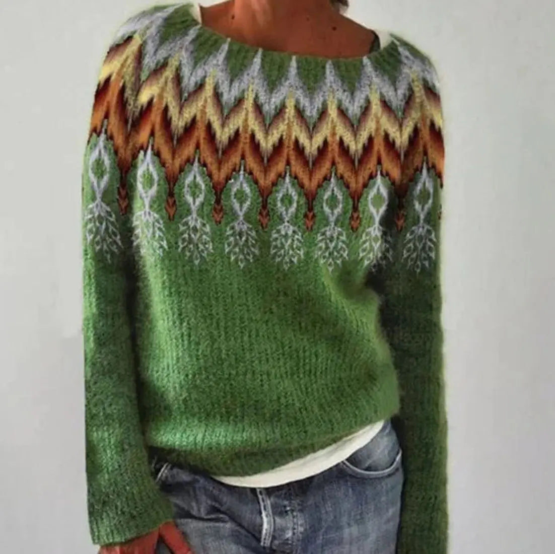 Women's Fair Isle Crew Neck Long Sleeve Knit Sweater - Green Feather