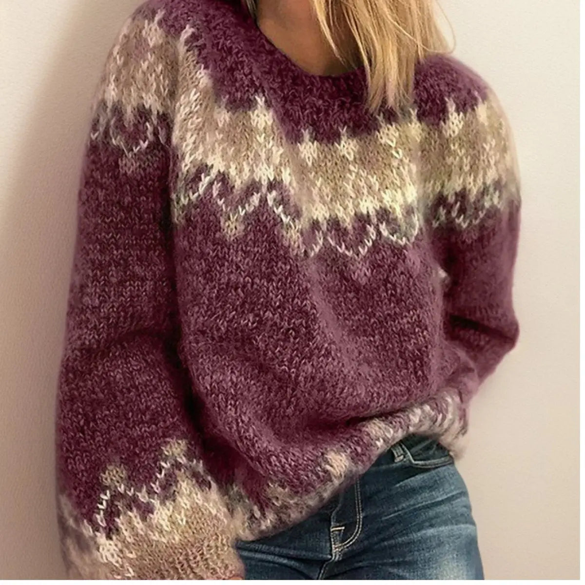 Women's Fair Isle Jacquard Knit Sweater Cosy Nordic Jumper - Red