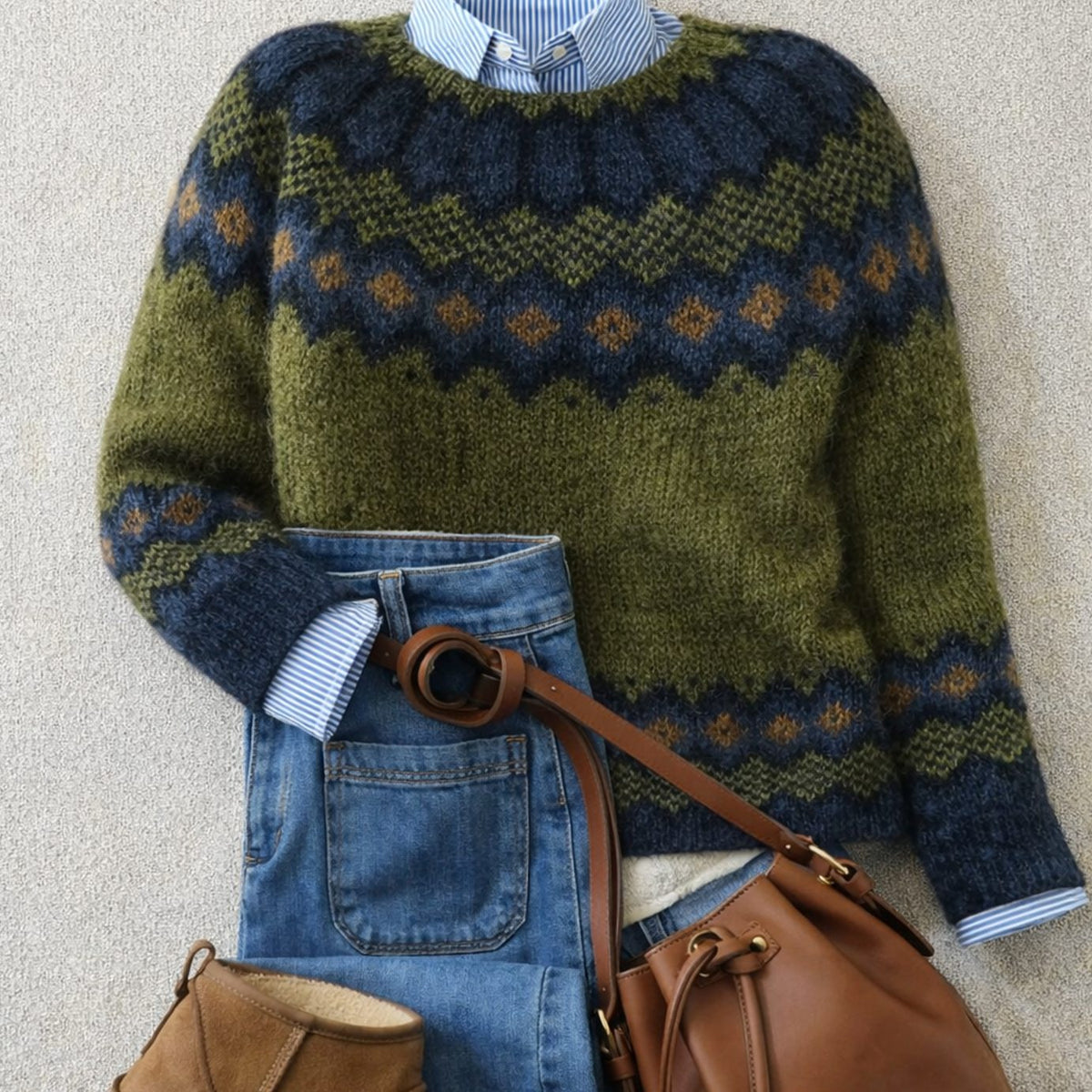 Women's Fair Isle Nordic Crew-Neck Knit Jumper - Green