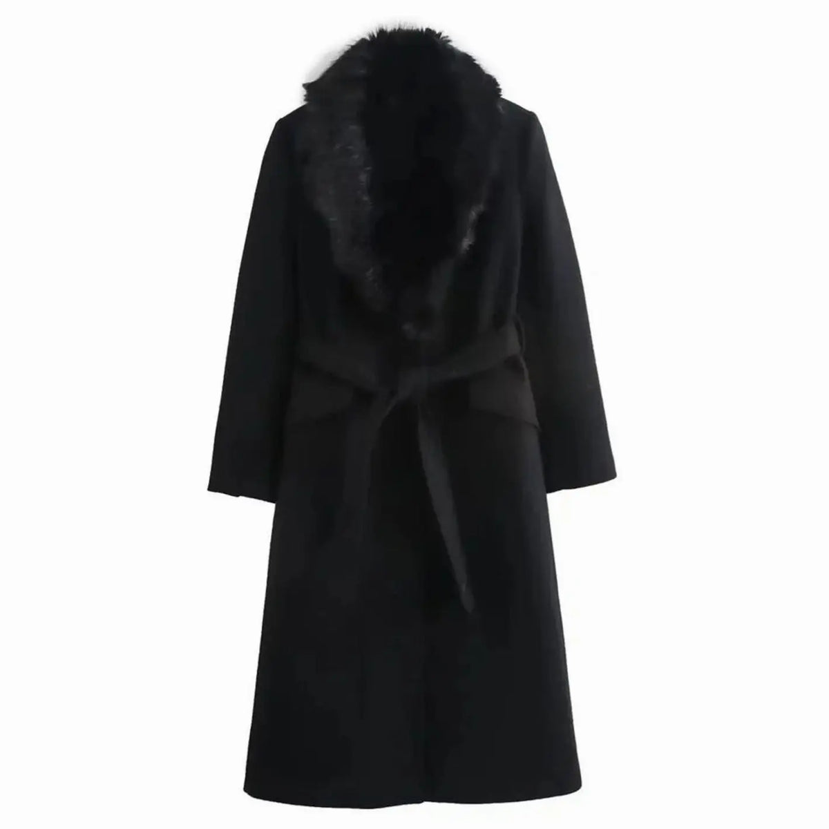 Women's Faux Fur Collar Belted Longline Winter Coat - Black