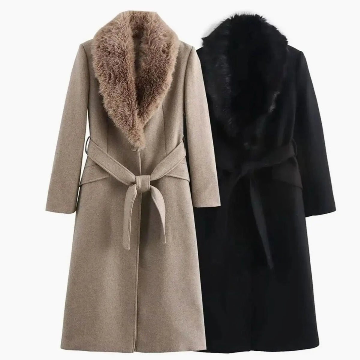 Women's Faux Fur Collar Belted Longline Winter Coat