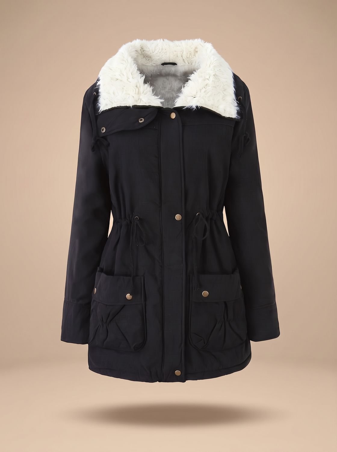 Women's Faux-Fur Collar Drawstring-Waist Mid-Length Winter Parka - Black