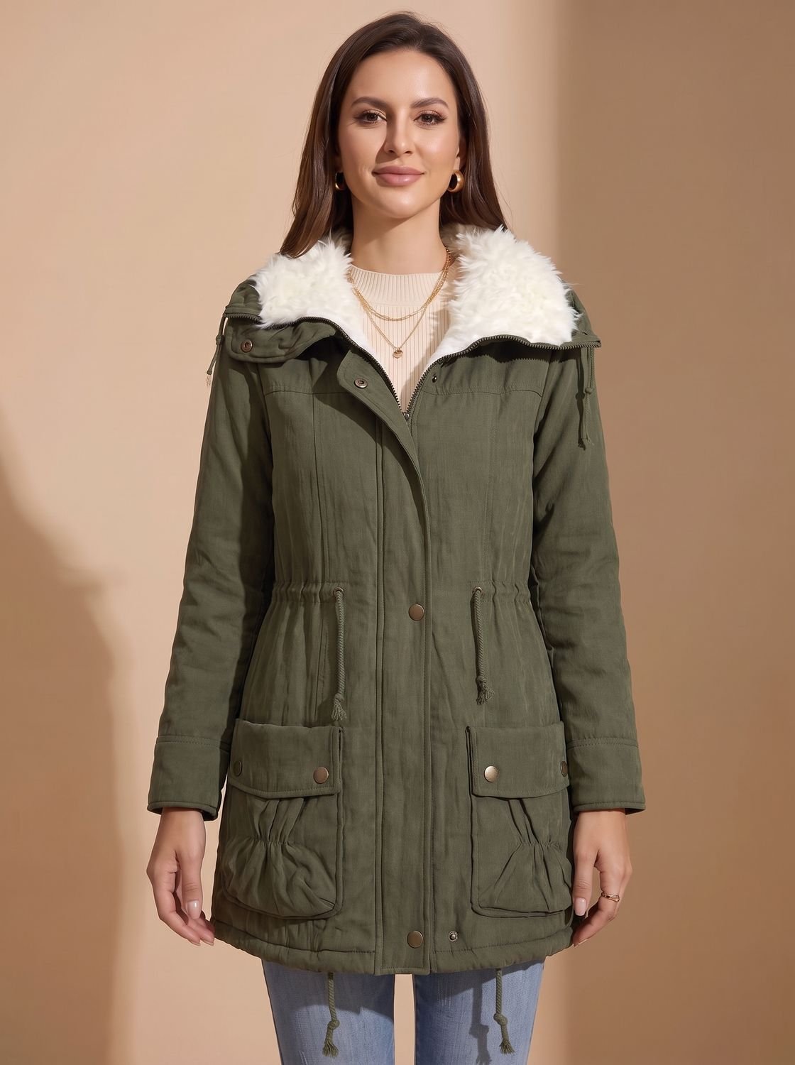Women's Faux-Fur Collar Drawstring-Waist Mid-Length Winter Parka - Olive Green