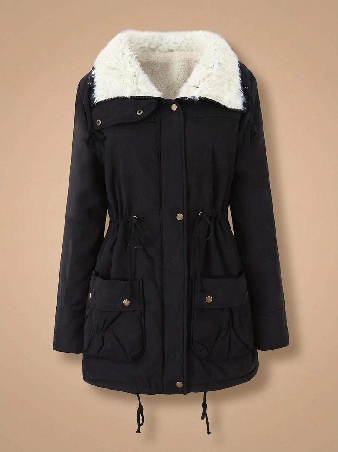 Women's Faux-Fur Collar Drawstring-Waist Mid-Length Winter Parka