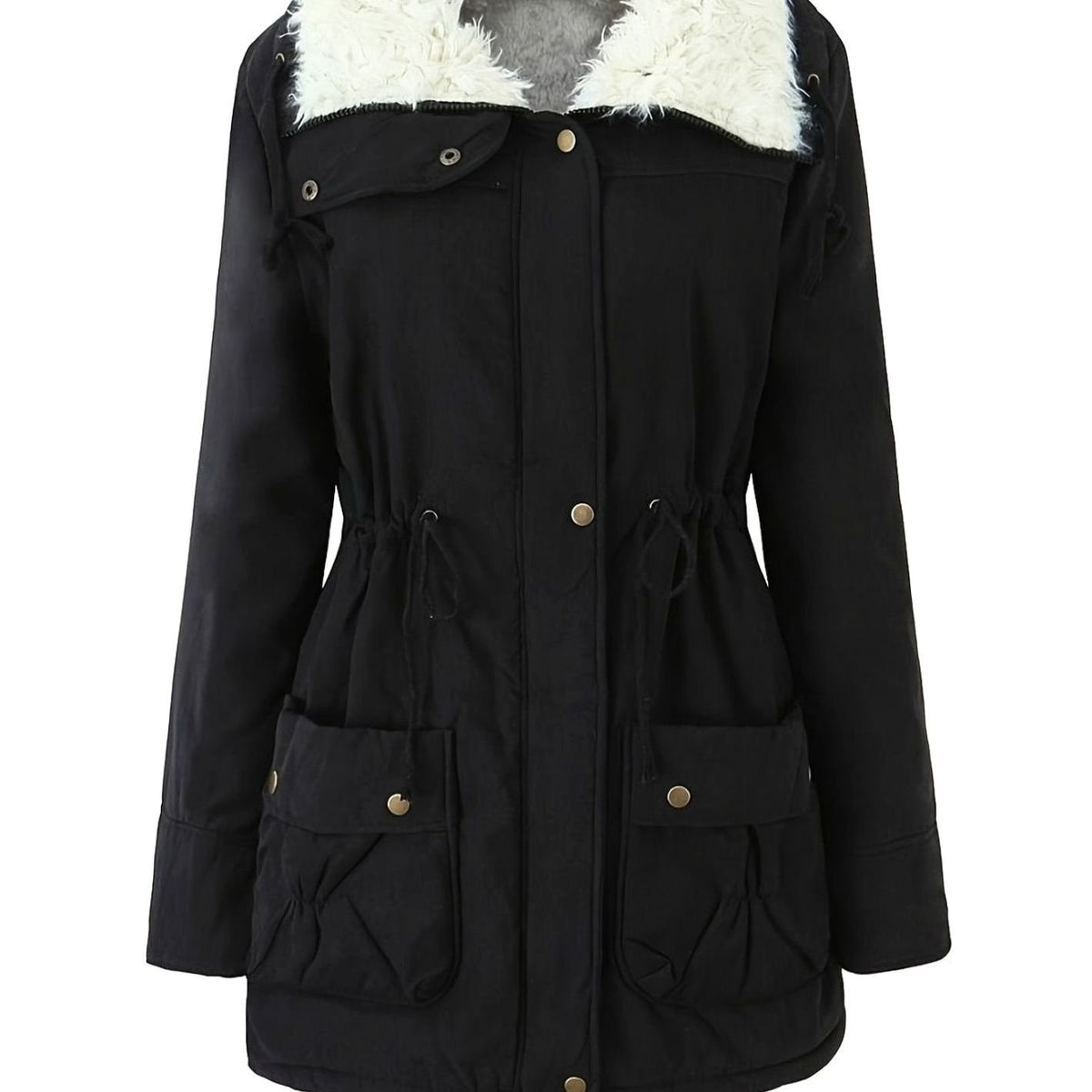 Women's Faux-Fur Collar Drawstring Waist Winter Parka - Black