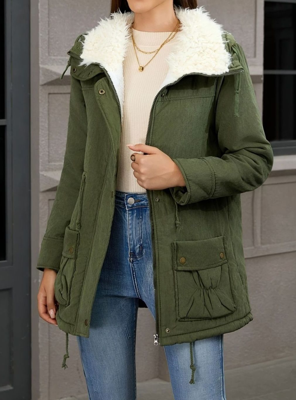 Women's Faux-Fur Collar Drawstring Waist Winter Parka