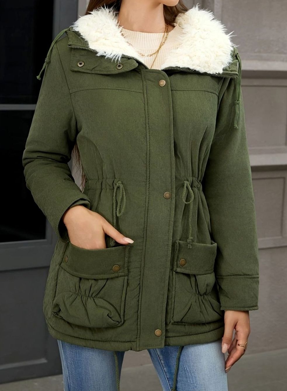 Women's Faux-Fur Collar Drawstring Waist Winter Parka