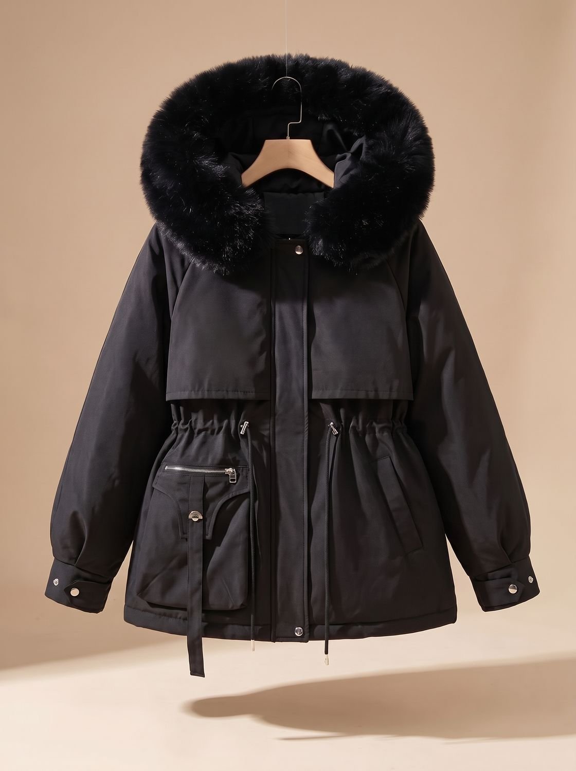 Women's Faux-Fur Hooded Drawstring Cinched-Waist Puffer Jacket - Black