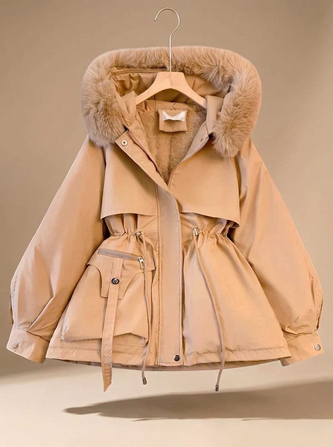 Women's Faux-Fur Hooded Drawstring Cinched-Waist Puffer Jacket - Khaki