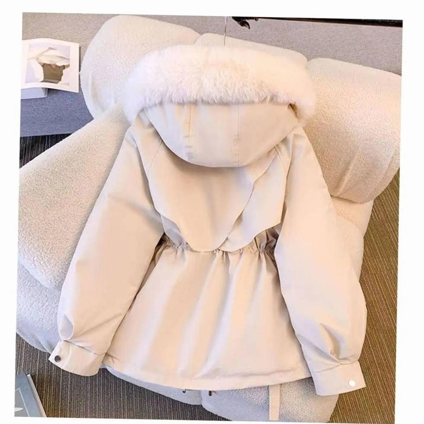 Women's Faux Fur Hooded Drawstring Winter Coat - White
