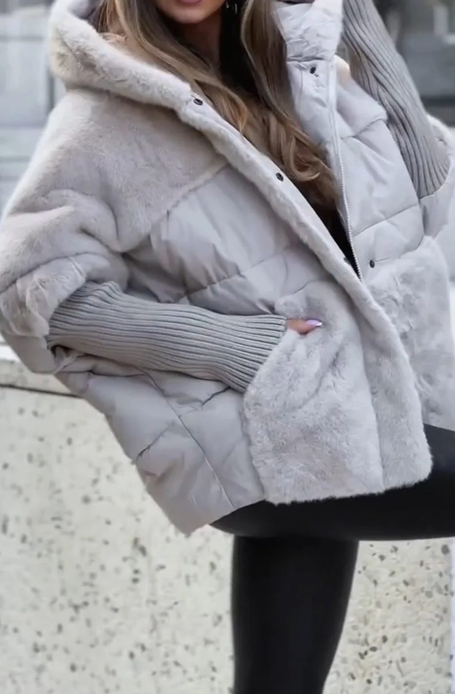 Women's Faux Fur Hooded Quilted Puffer Winter Jacket - Grey
