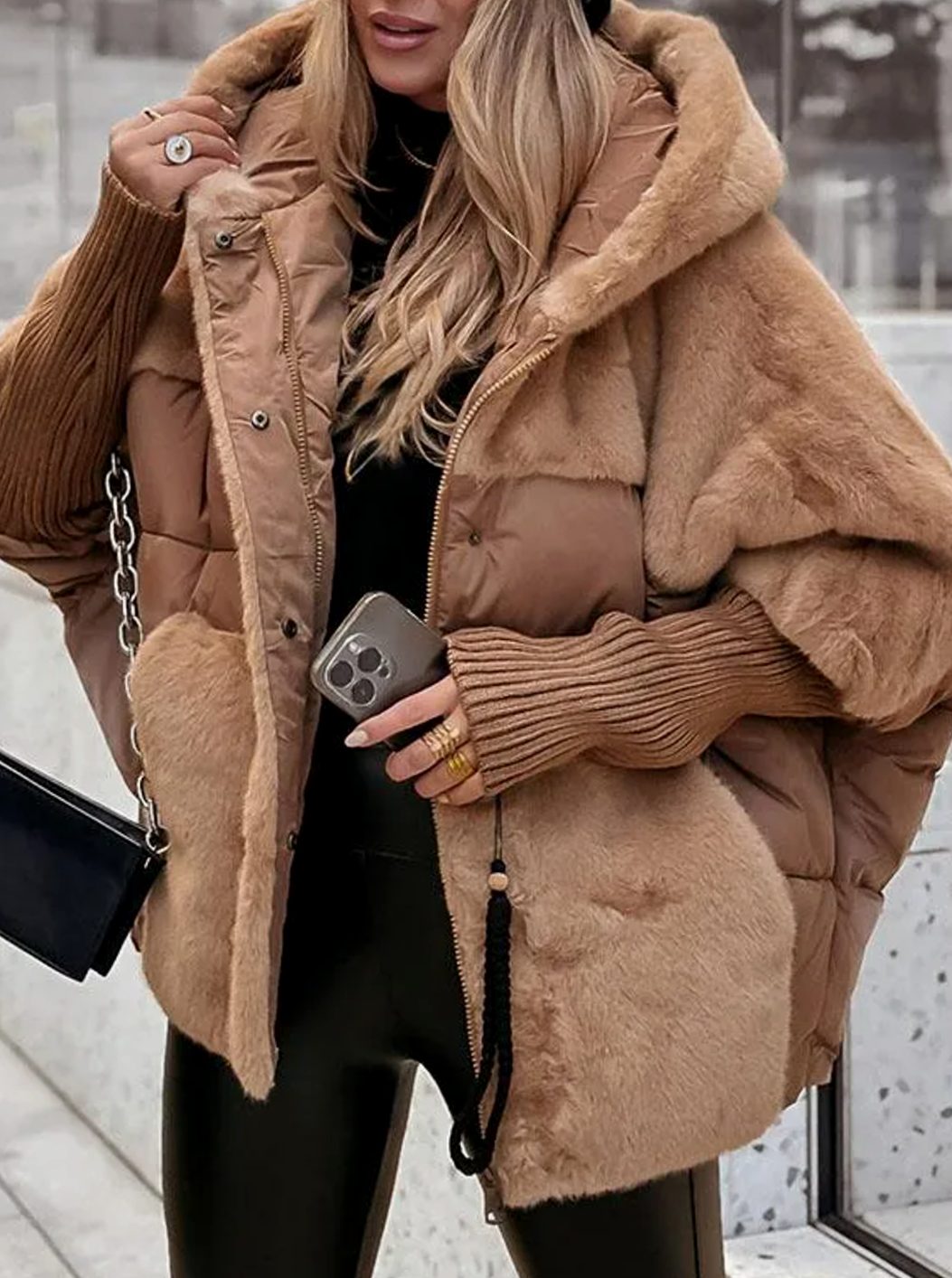 Women's Faux Fur Hooded Quilted Puffer Winter Jacket - Brown