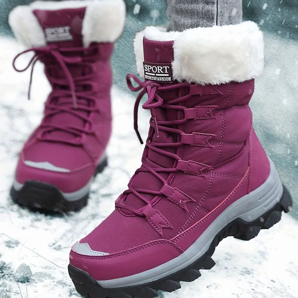Women's Faux Fur Lined Lace-Up Winter Snow Boots - Purple
