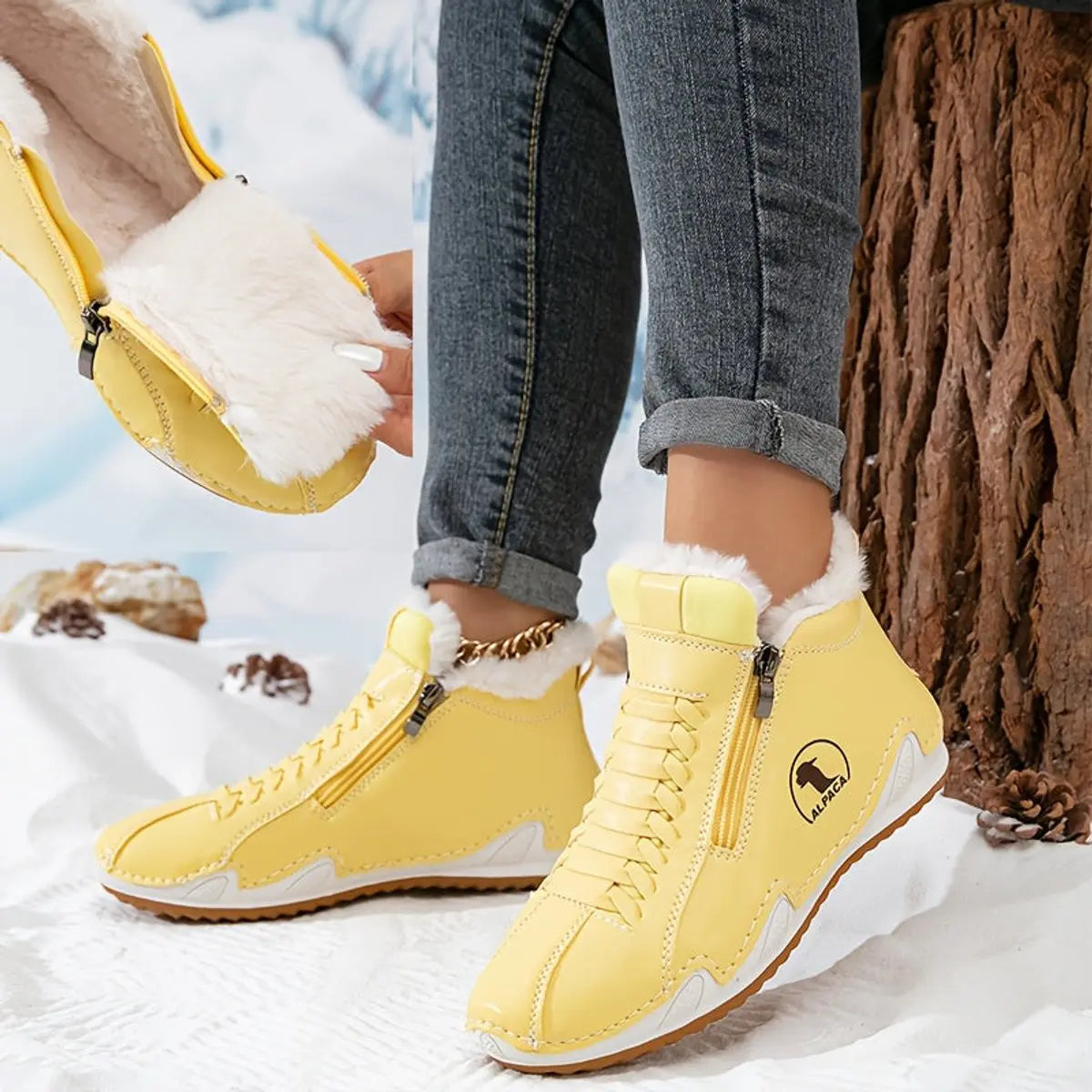 Women's Faux-Fur Lined Zip-Up Winter Ankle Boots - Yellow