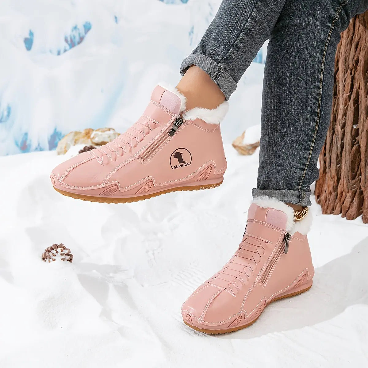 Women's Faux-Fur Lined Zip-Up Winter Ankle Boots - Pink