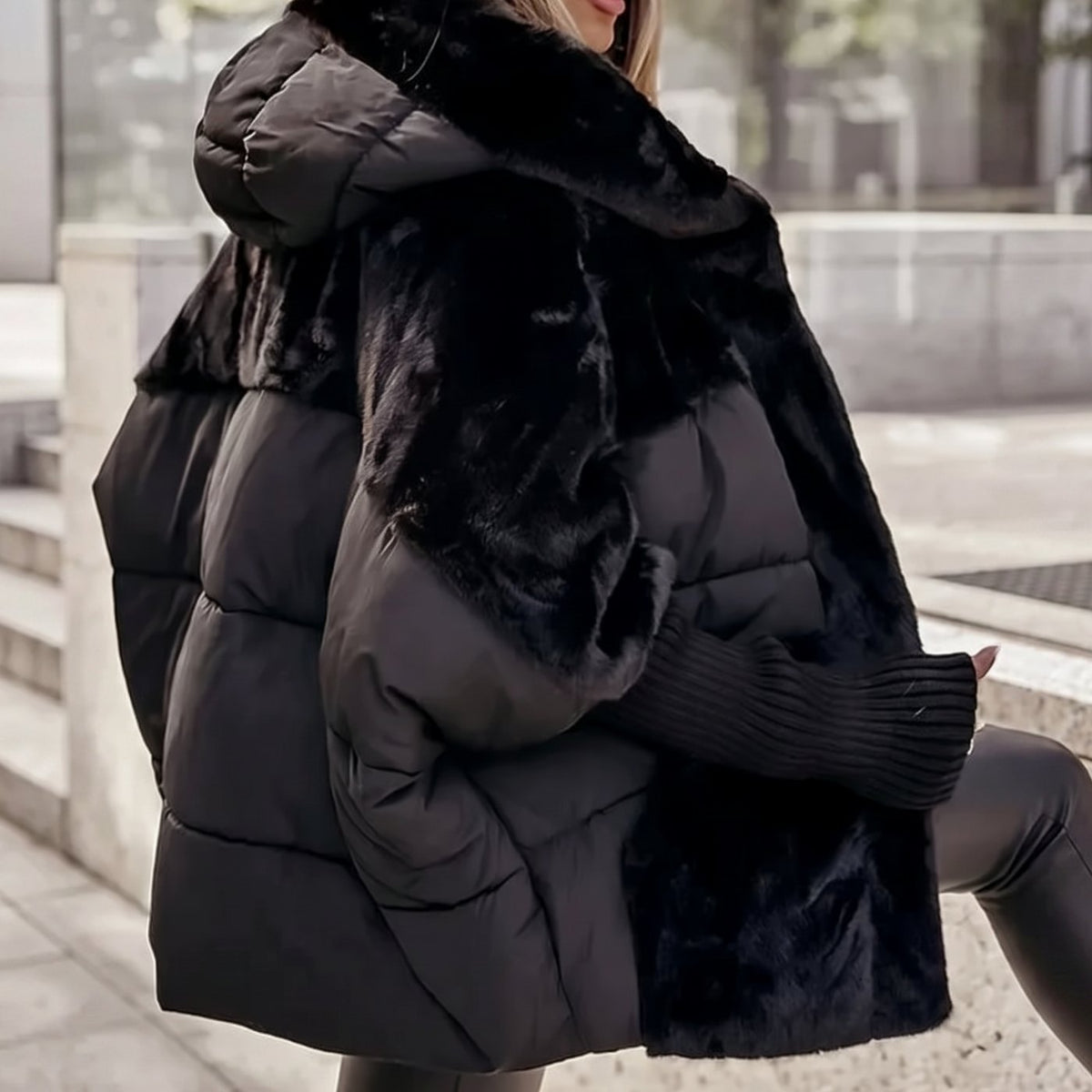 Women's Faux-Fur Panel Quilted Plush Hooded Coat - Black