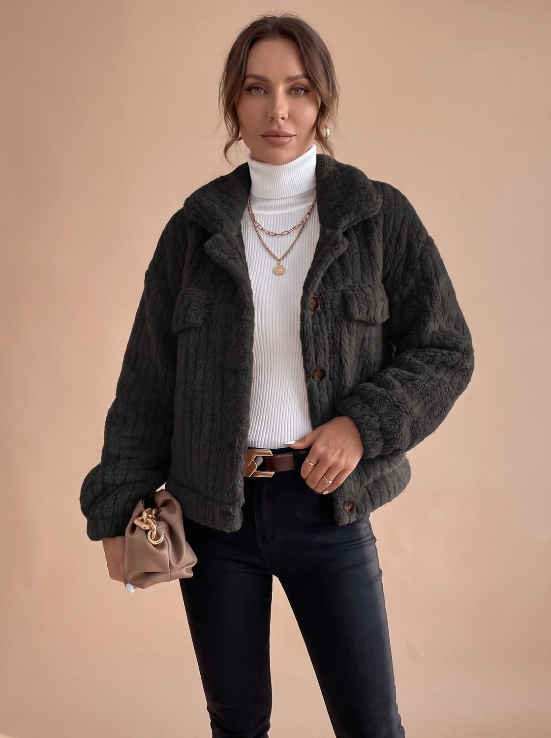 Women's Faux Fur Teddy Coat Button-Down Collared Sherpa Jacket - Dark Grey