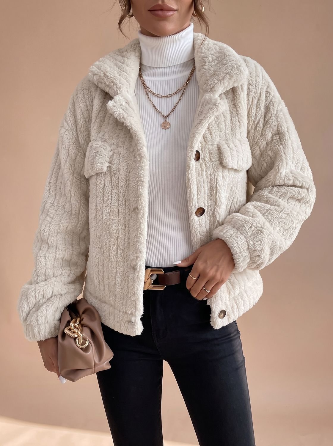Women's Faux Fur Teddy Coat Button-Down Collared Sherpa Jacket - White