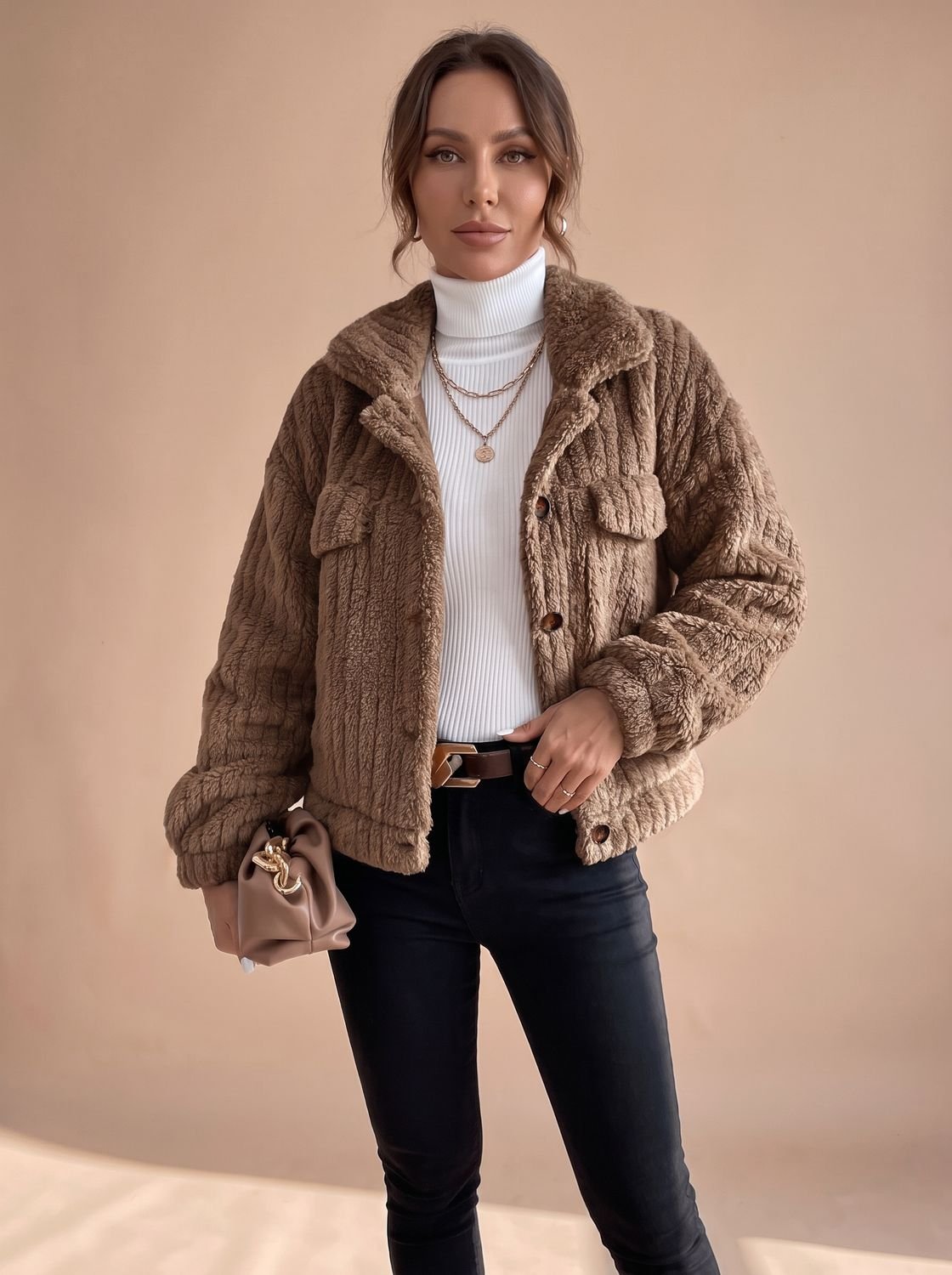 Women's Faux Fur Teddy Coat Button-Down Collared Sherpa Jacket - Brown