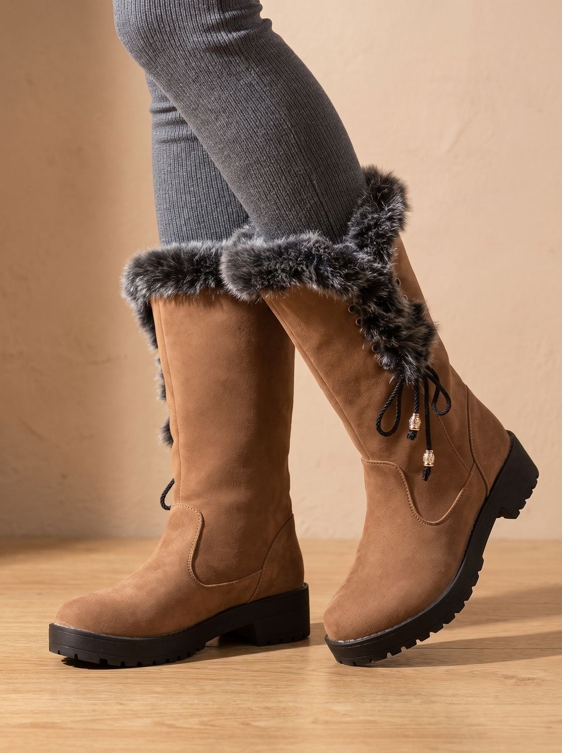 Women's Faux Fur-Trimmed Knee-High Winter Snow Boots - Yellow