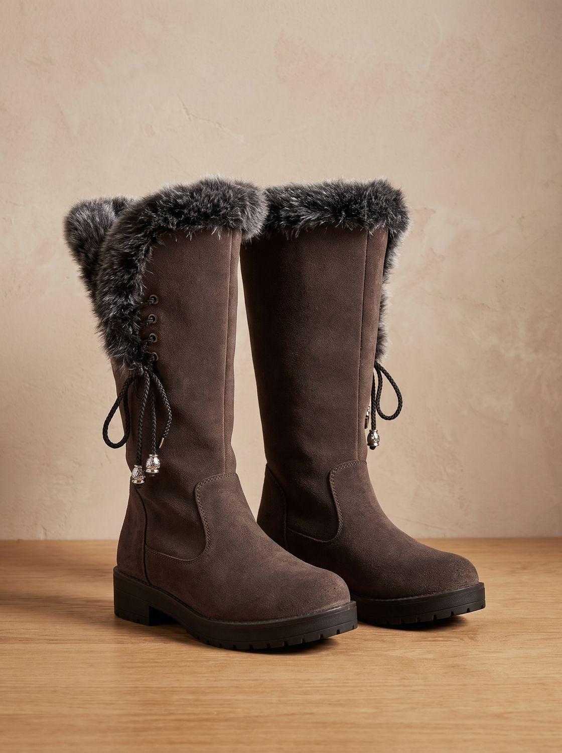 Women's Faux Fur-Trimmed Knee-High Winter Snow Boots - Dark Brown