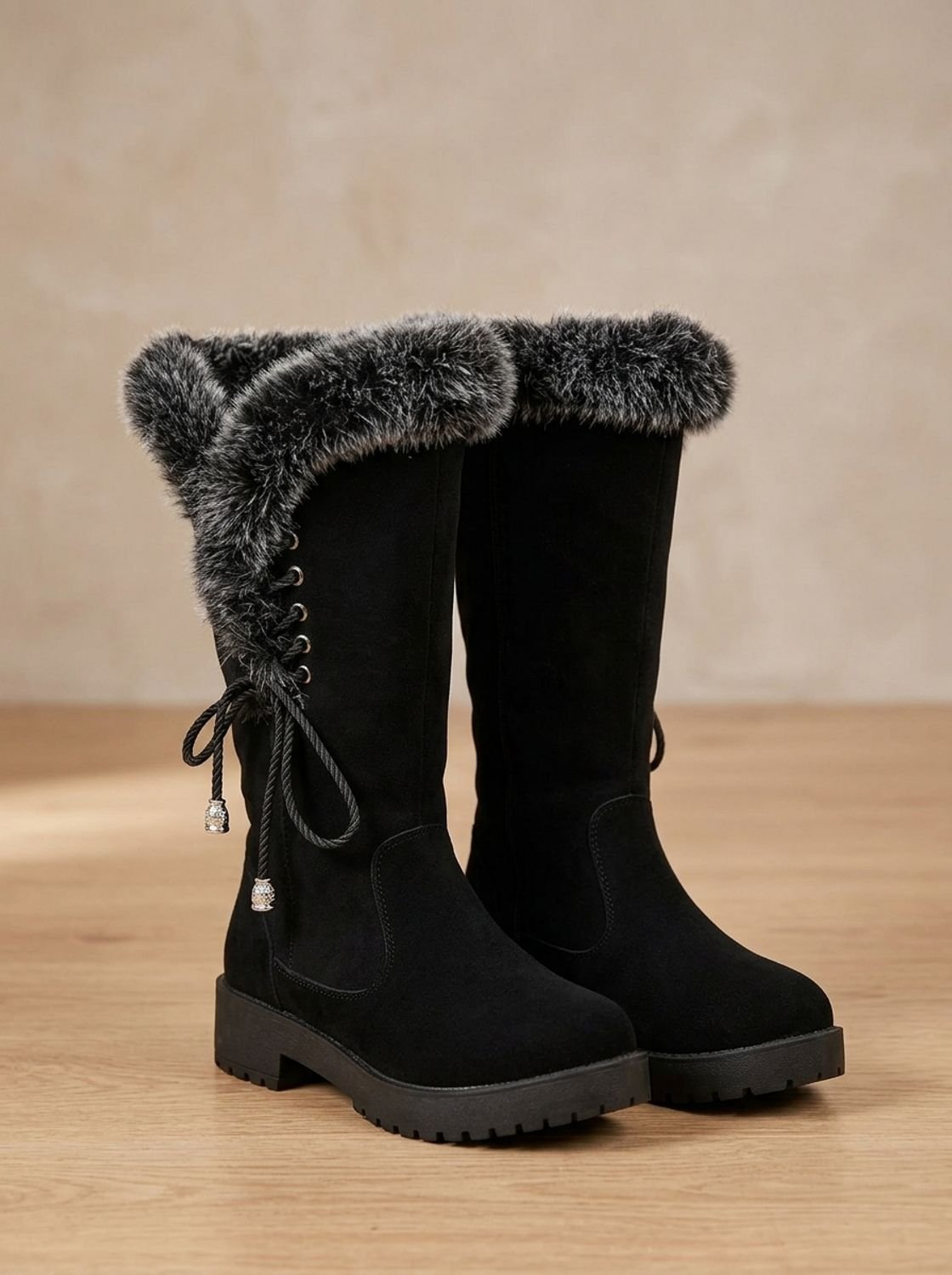 Women's Faux Fur-Trimmed Knee-High Winter Snow Boots - Black