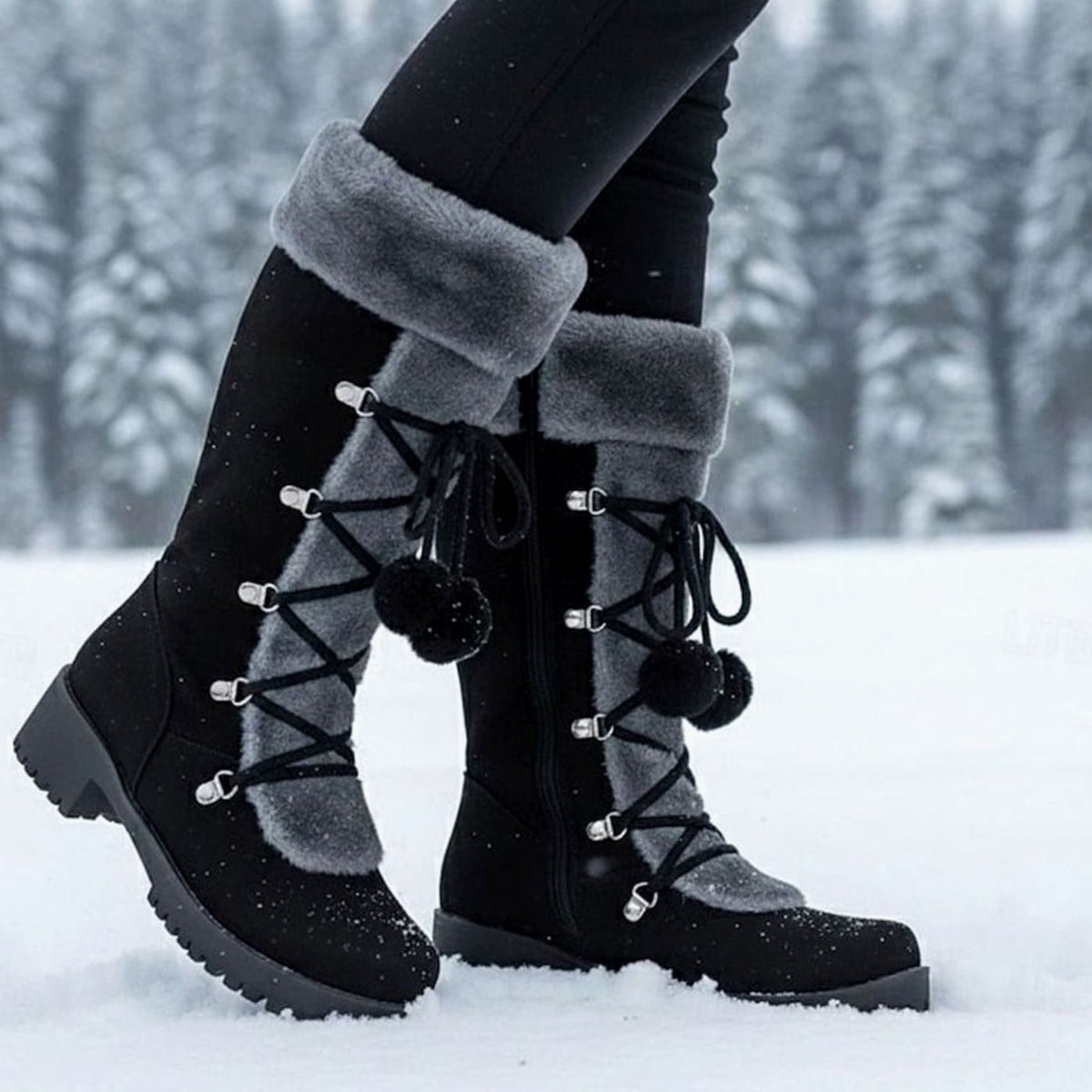 Women's Faux-Fur Trimmed Lace-Up Mid-Calf Snow Boots - Black