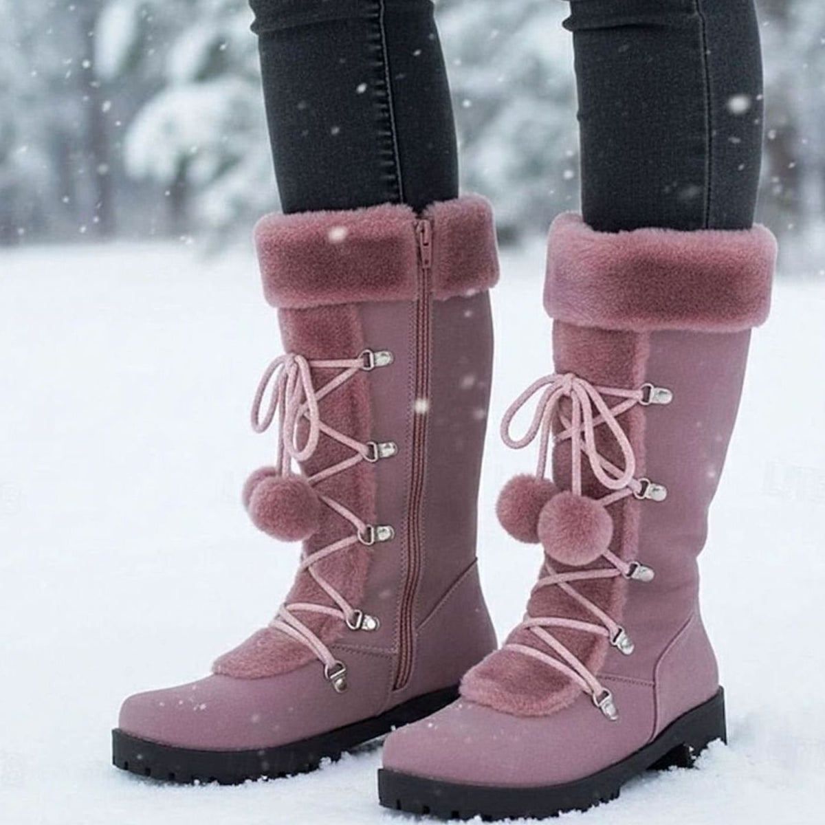 Women's Faux-Fur Trimmed Lace-Up Mid-Calf Snow Boots - Purple
