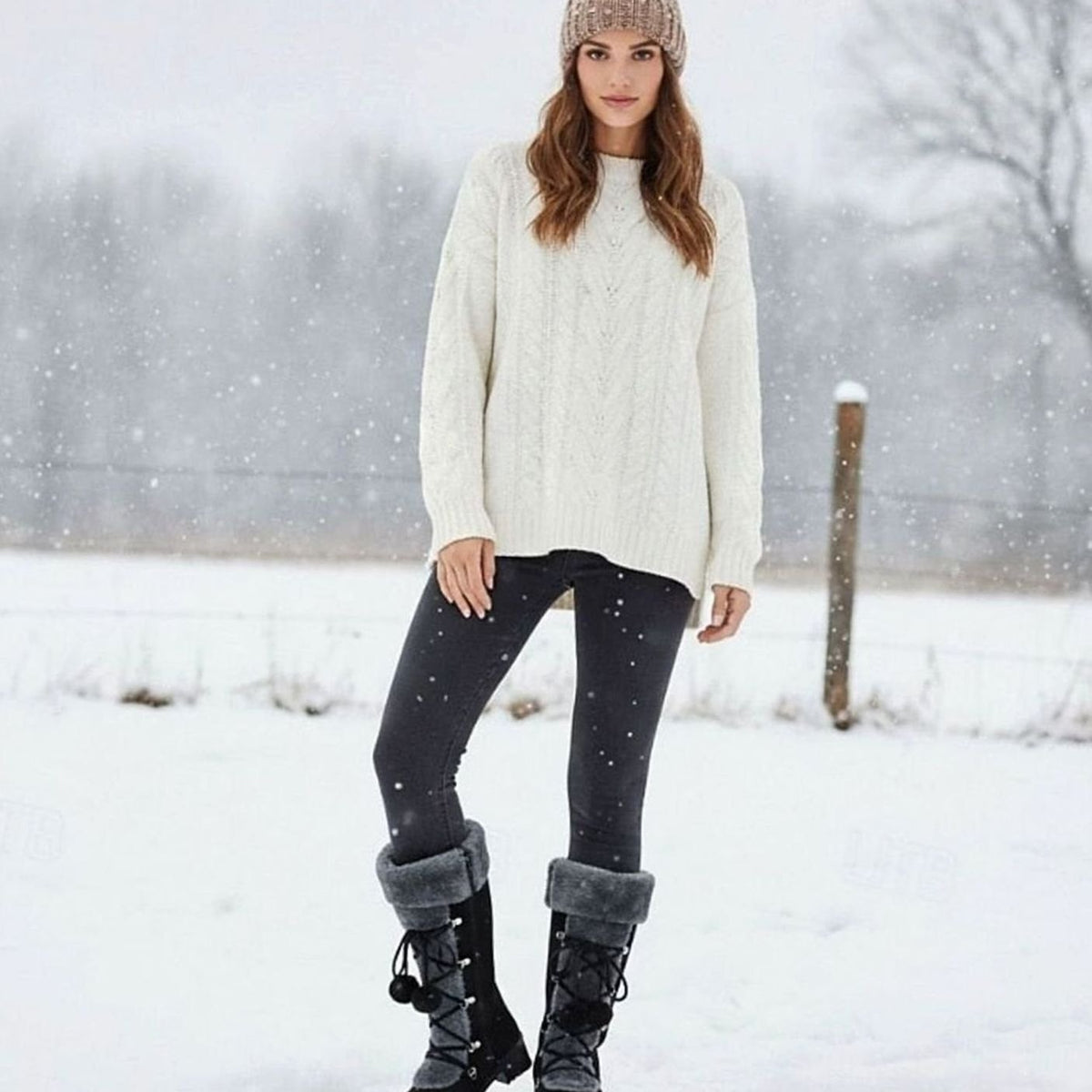 Women's Faux-Fur Trimmed Lace-Up Mid-Calf Snow Boots