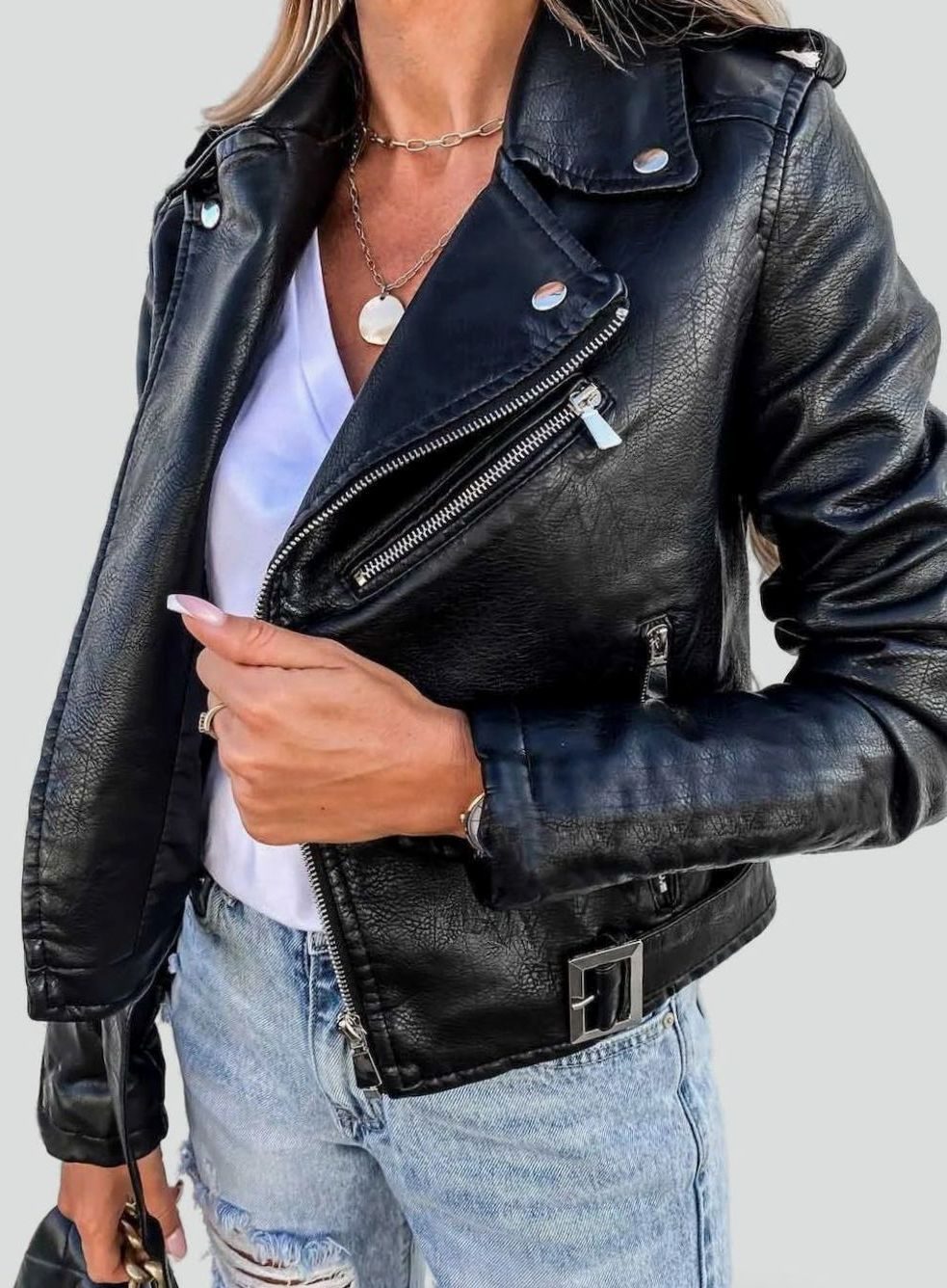 Women's Faux Leather Asymmetric Zip Biker Jacket, Black